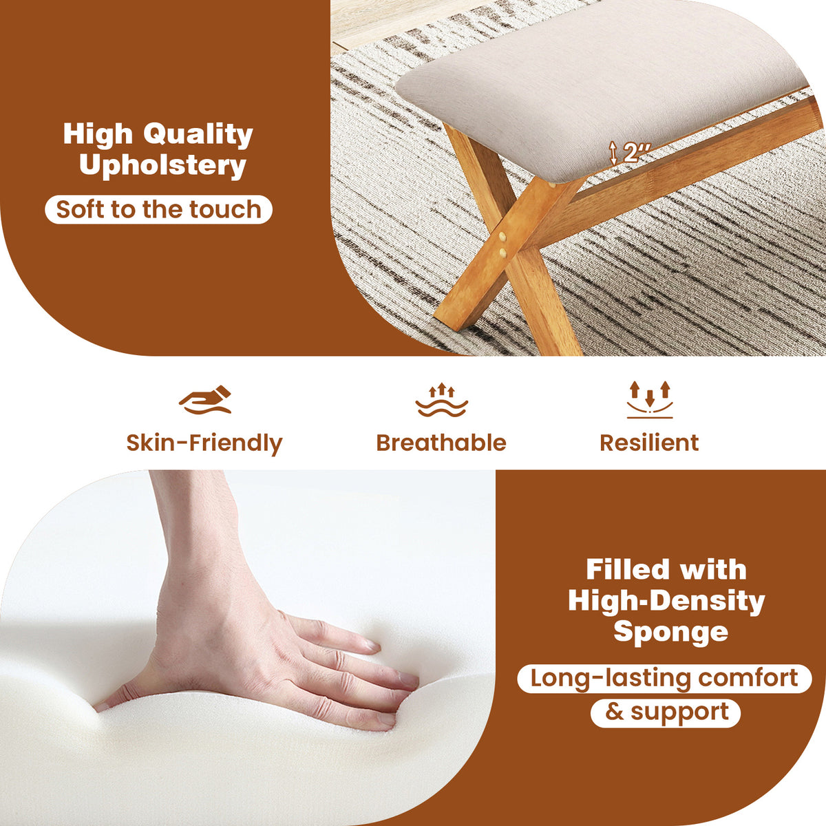 Upholstered Entryway Bench Rubber Wood with Thick Padded Seat