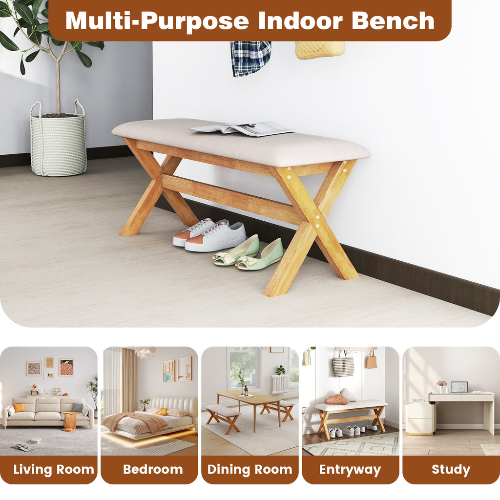 Upholstered Entryway Bench Rubber Wood with Thick Padded Seat