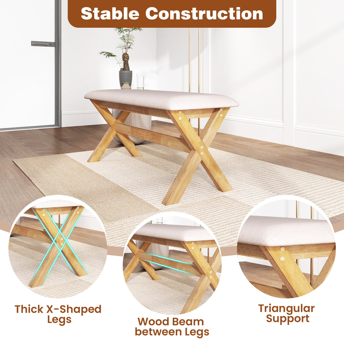 Upholstered Entryway Bench Rubber Wood with Thick Padded Seat