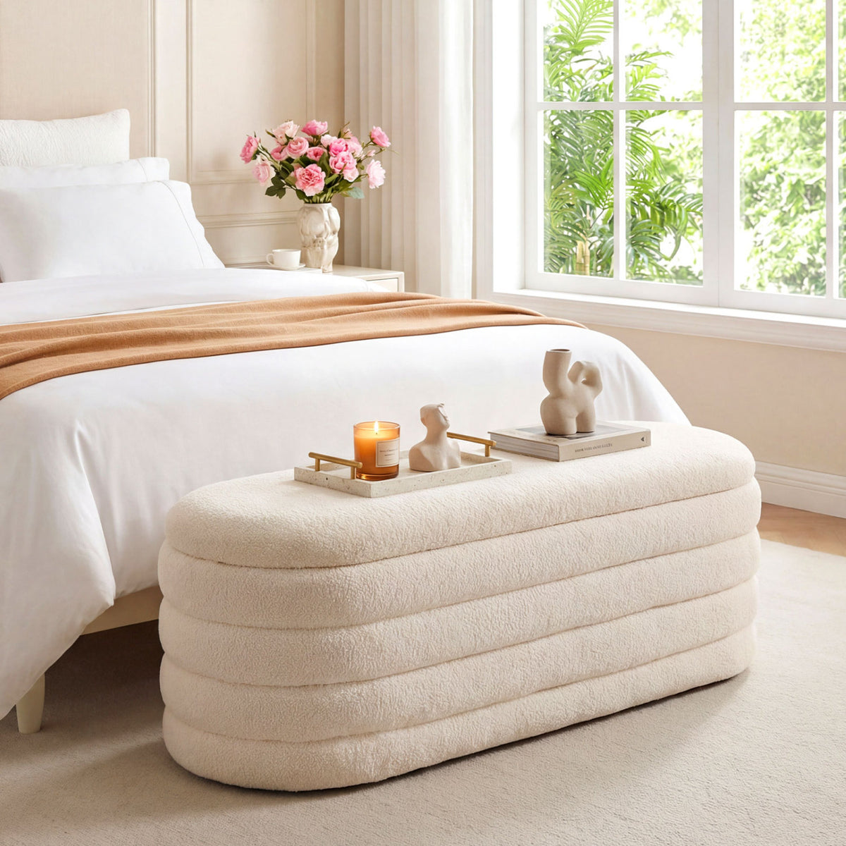 Upholstered Storage Ottoman Bench - White