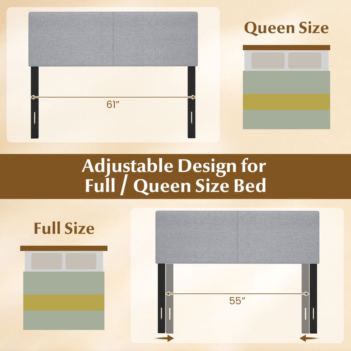 Upholstered Headboard Queen/Full Size Vertical Quilted, Gray