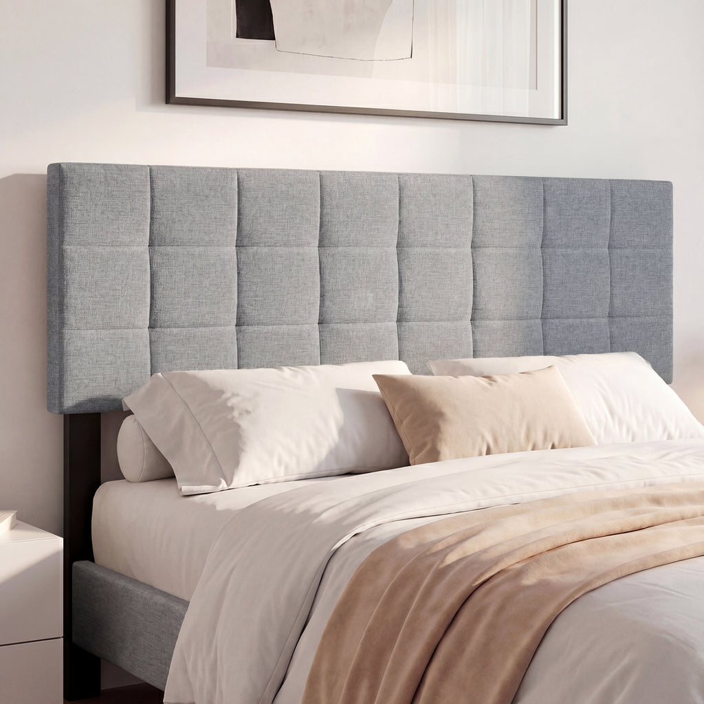 Upholstered Headboard Queen/Full Size Quilted Grid Linen – Gray