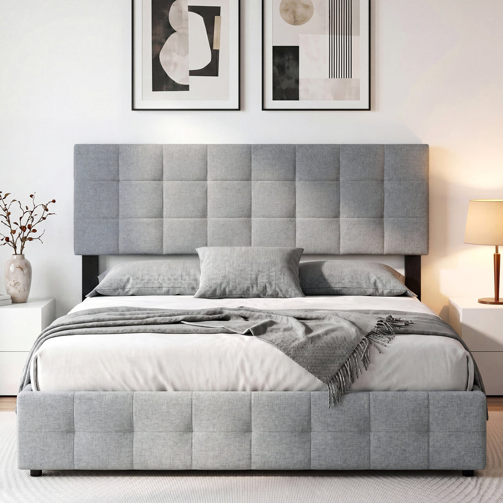 Upholstered Headboard Queen/Full Size Quilted Grid Linen – Gray