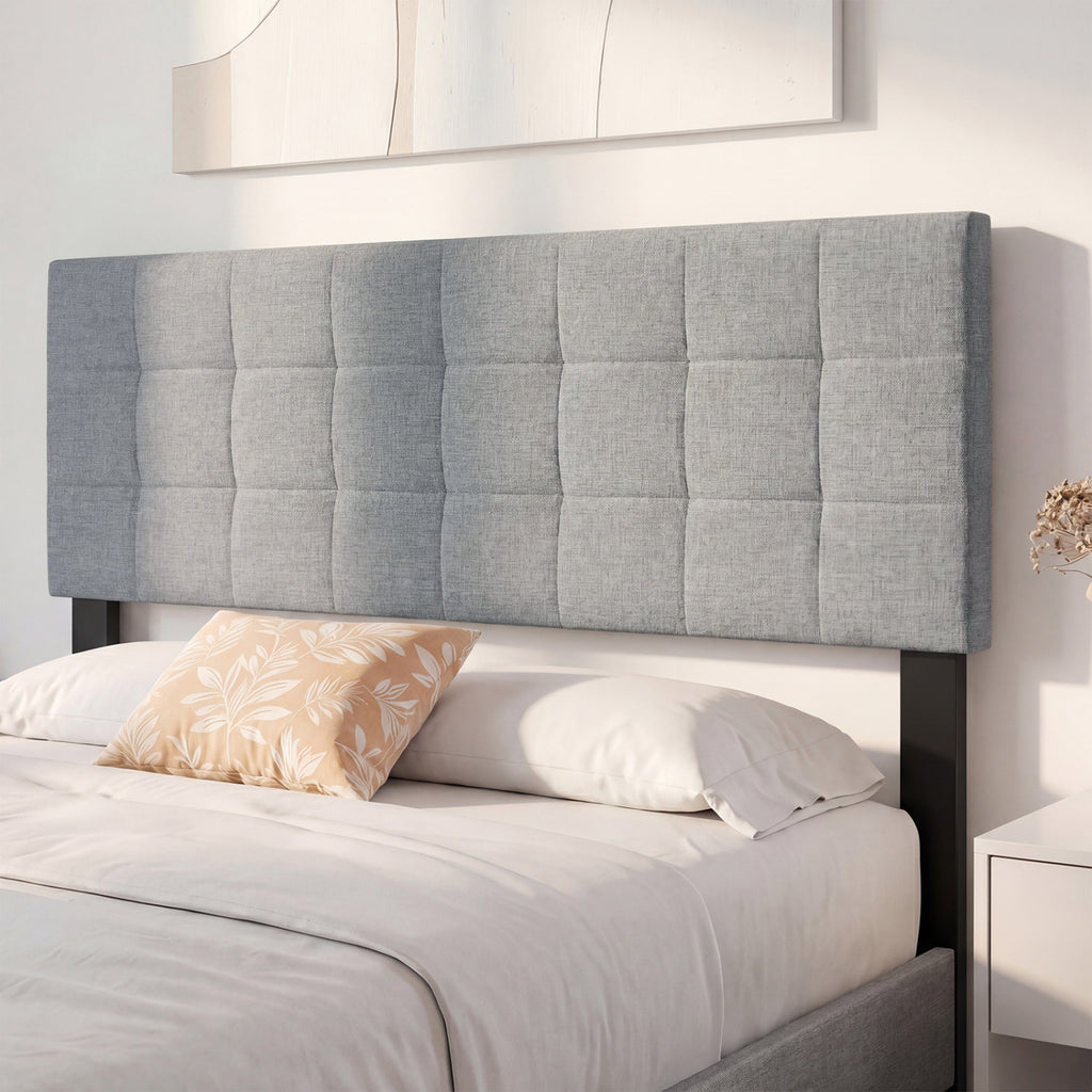 Upholstered Headboard Queen/Full Size Quilted Grid Linen – Gray