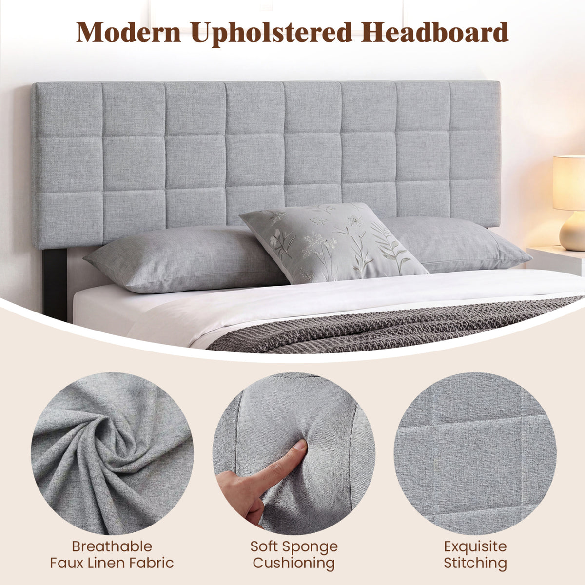 Upholstered Headboard Queen/Full Size Quilted Grid Linen – Gray