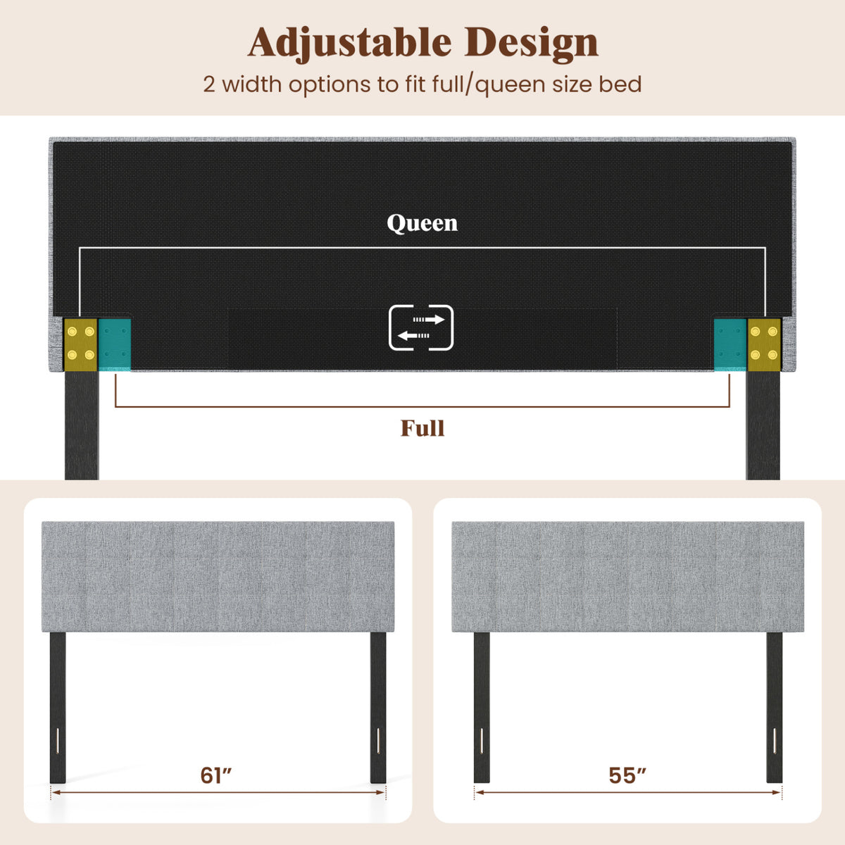 Upholstered Headboard Queen/Full Size Quilted Grid Linen – Gray
