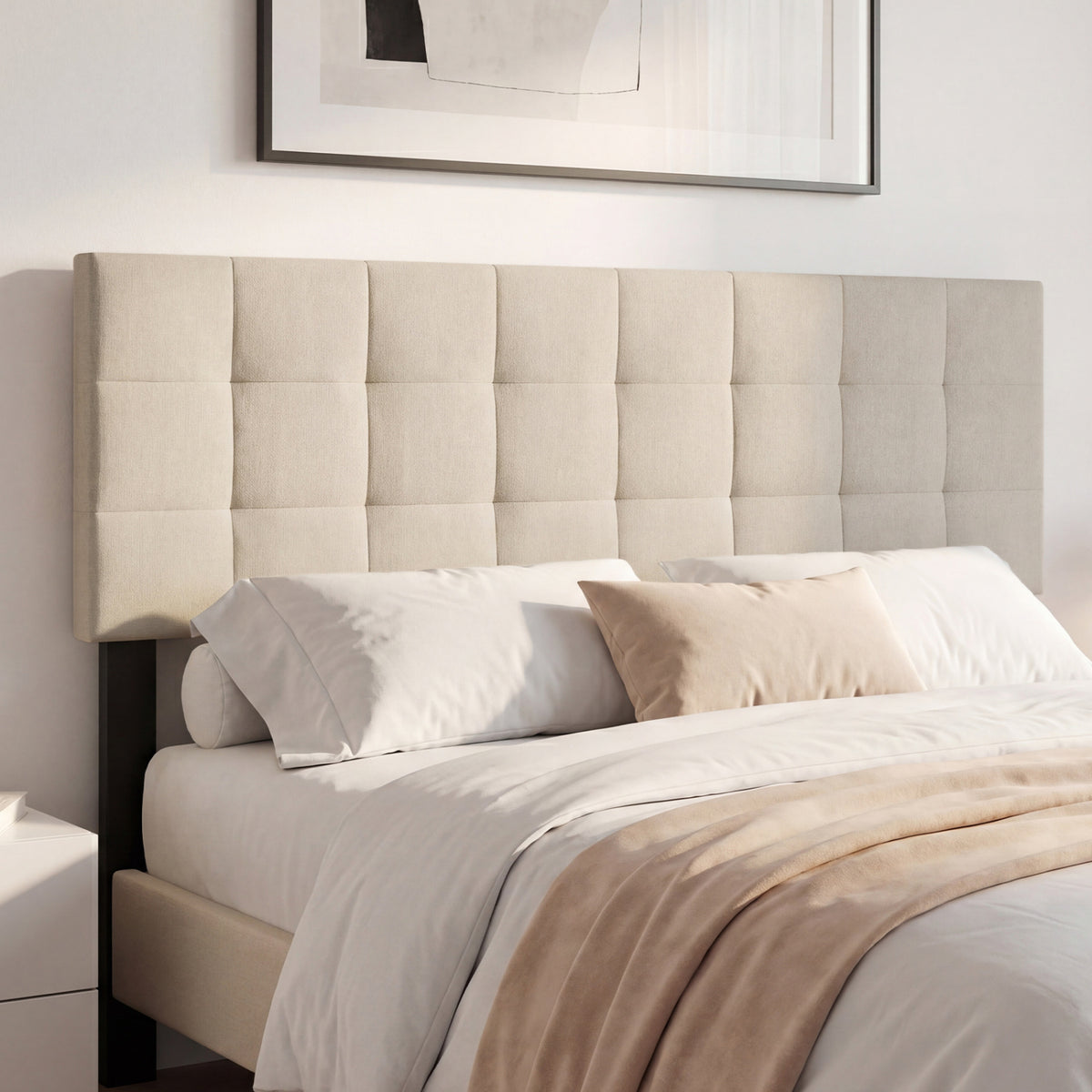 Upholstered Headboard Queen/Full Size Quilted Grid Linen – Gray