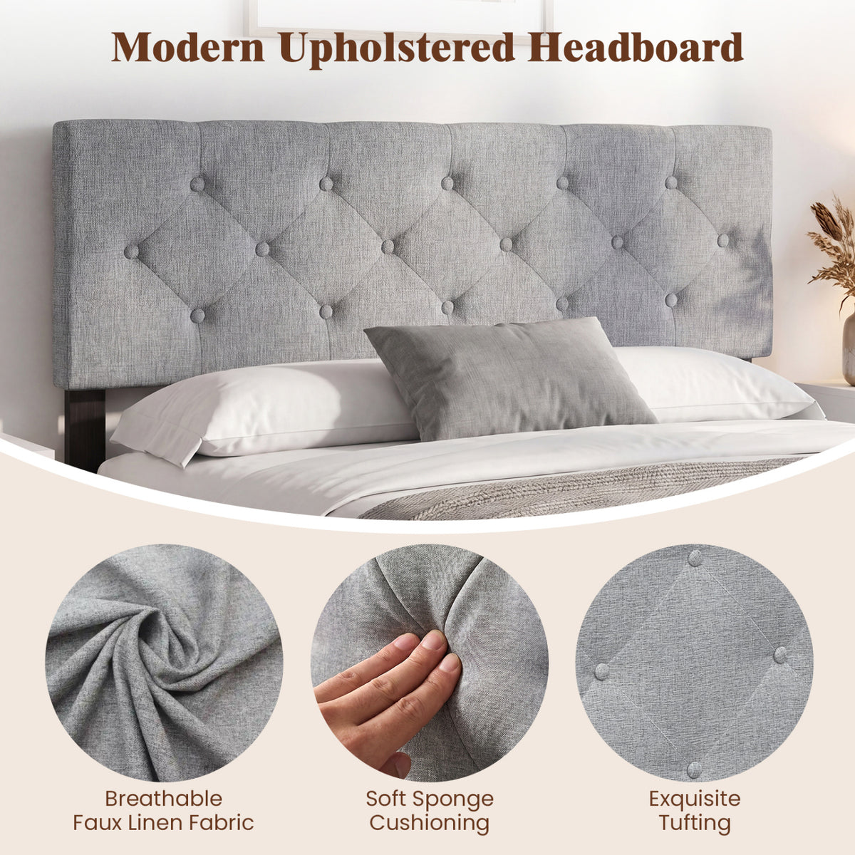 Upholstered Tufted Headboard Queen/Full - Button, Gray
