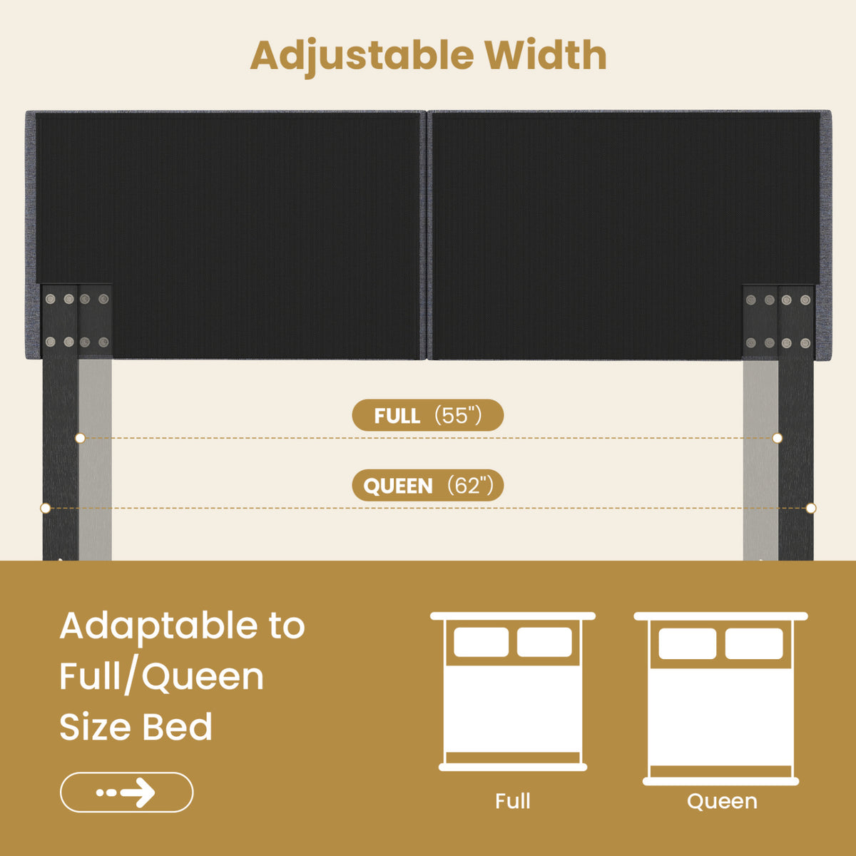 Upholstered Headboard Adjustable 55-62" - Full/Queen, Dark Gray