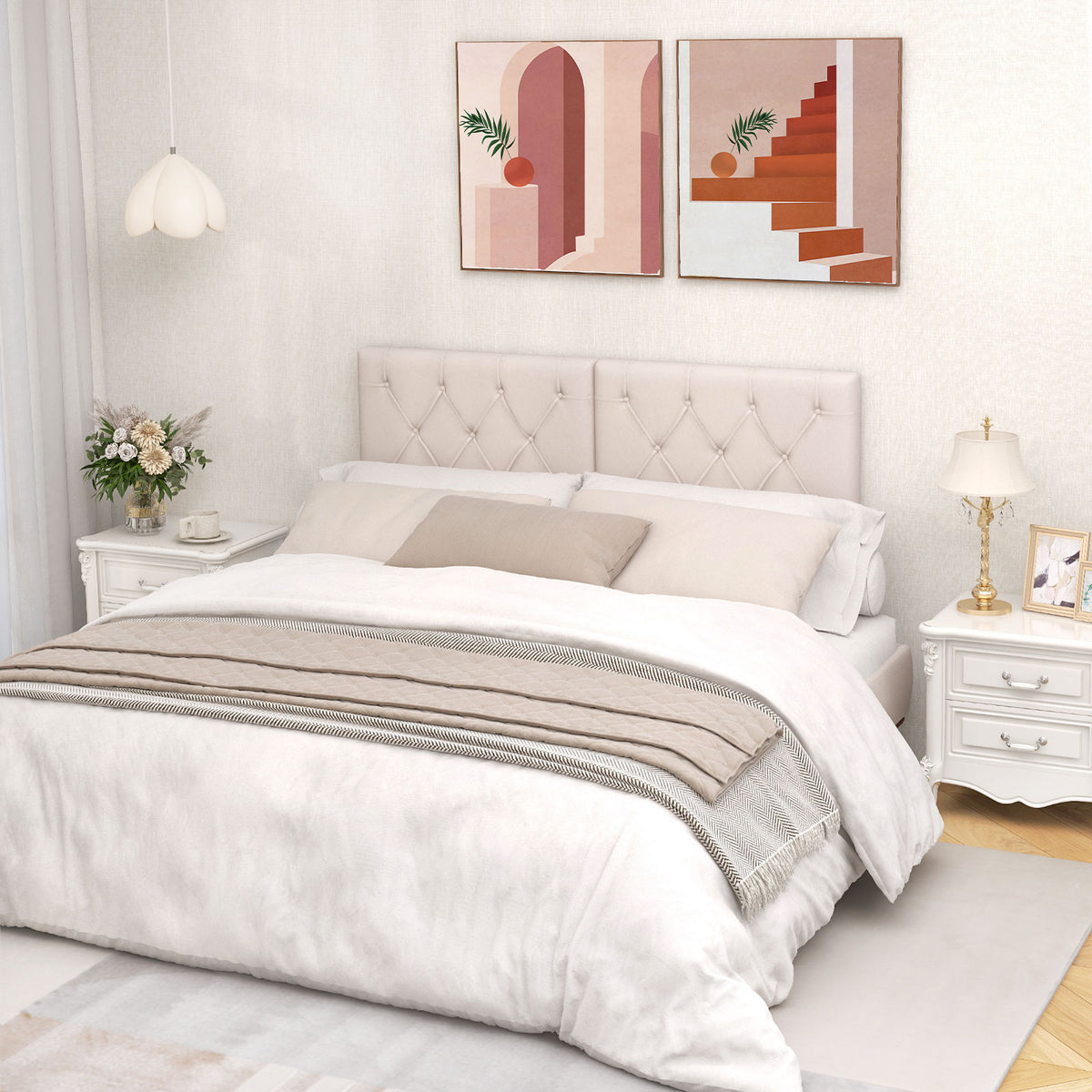Upholstered Twin Headboard with Button Tufted Design - Beige