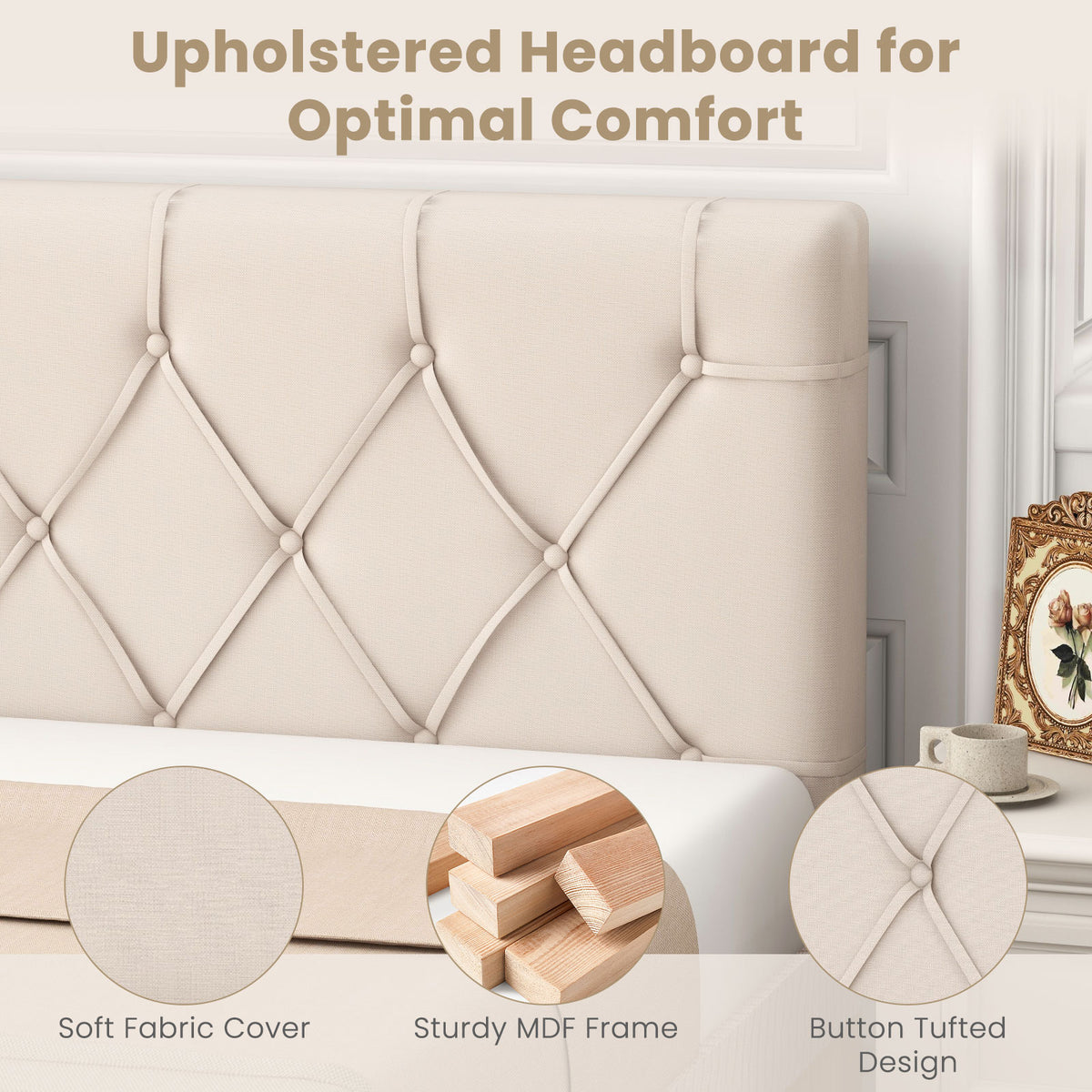 Upholstered Twin Headboard with Button Tufted Design - Beige
