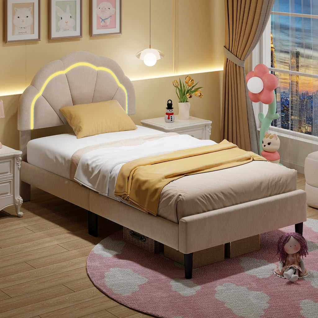 LED Bed Frame with Adjustable Headboard - Beige, Twin Size