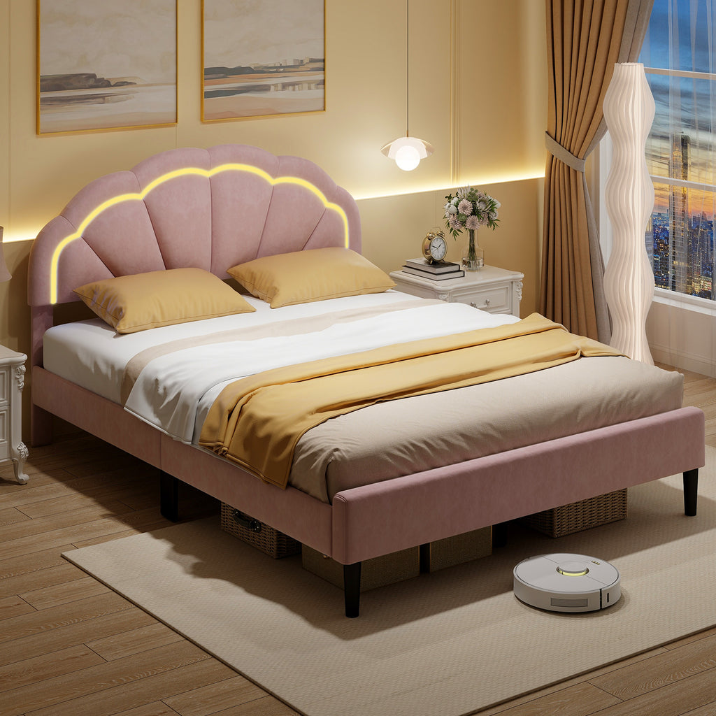 LED Bed Frame with Upholstered Headboard - Queen, Pink