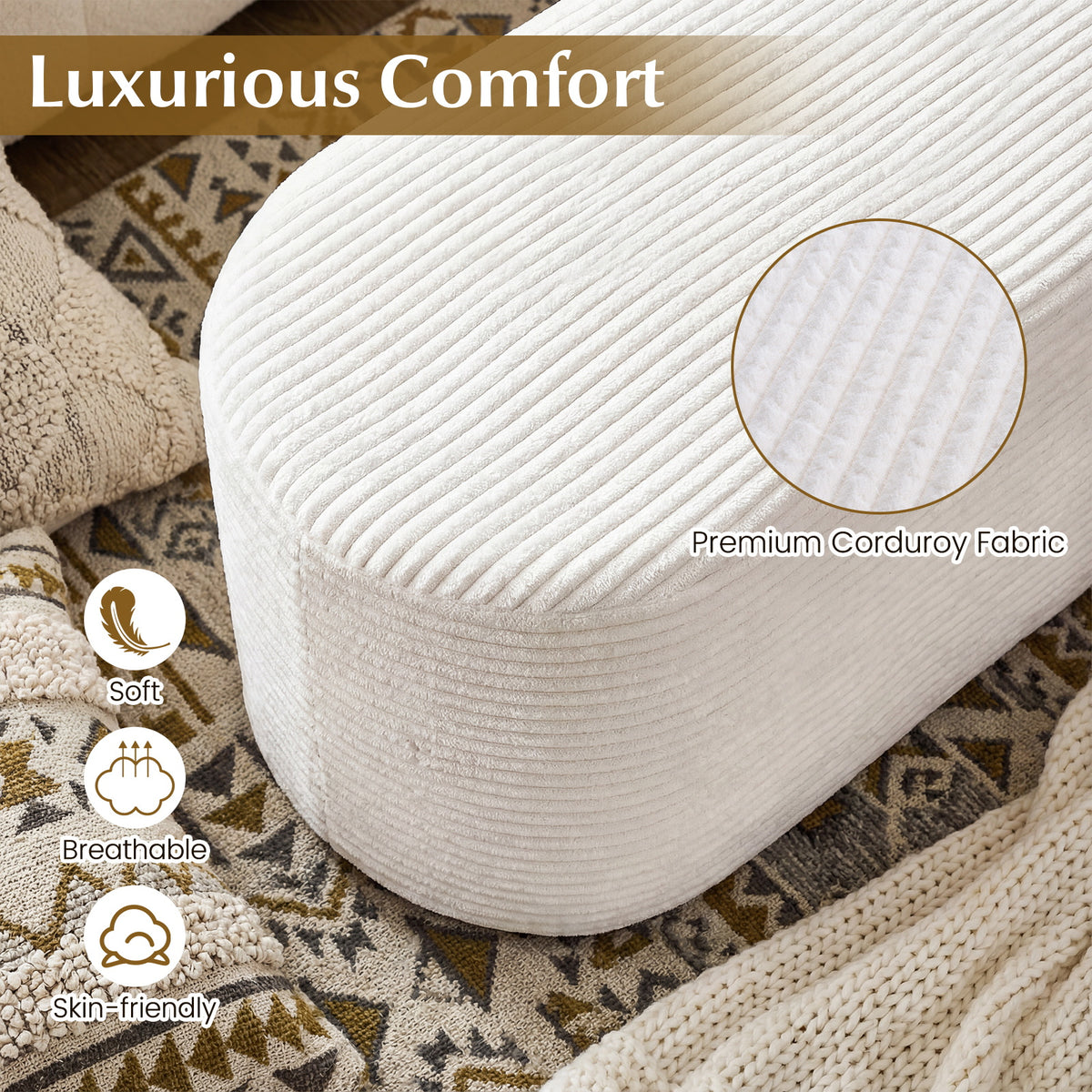 Upholstered Ottoman Bench with High-Density Sponge - Beige