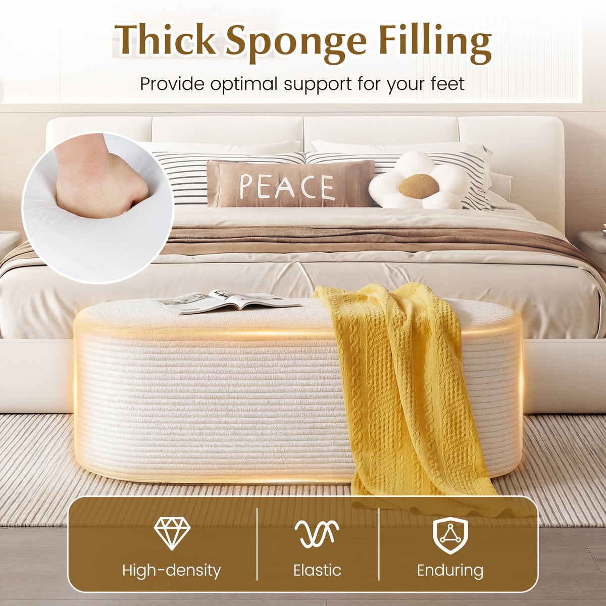 Upholstered Ottoman Bench with High-Density Sponge - Beige