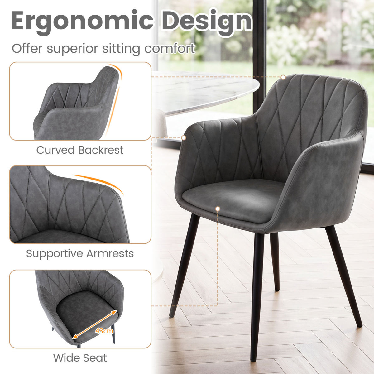 PU Leather Kitchen Chairs Set of 2, Gray