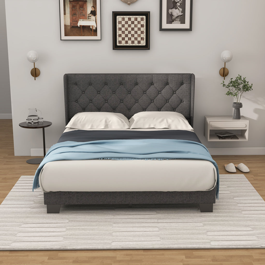 Twin Size Modern Fabric Upholstered Platform Bed with Button Tufted Headboard