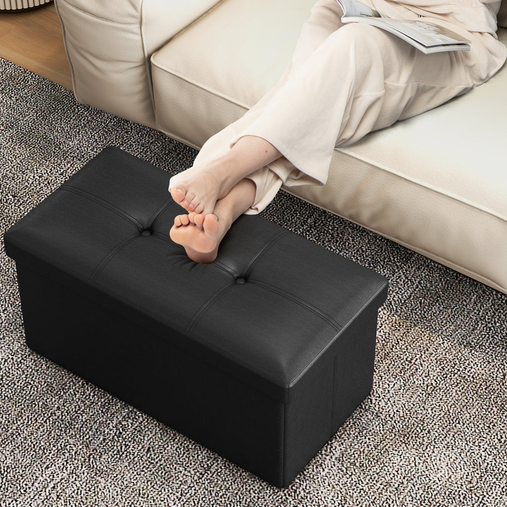 Upholstered Storage Footstool with PVC Leather, Rectangle Black