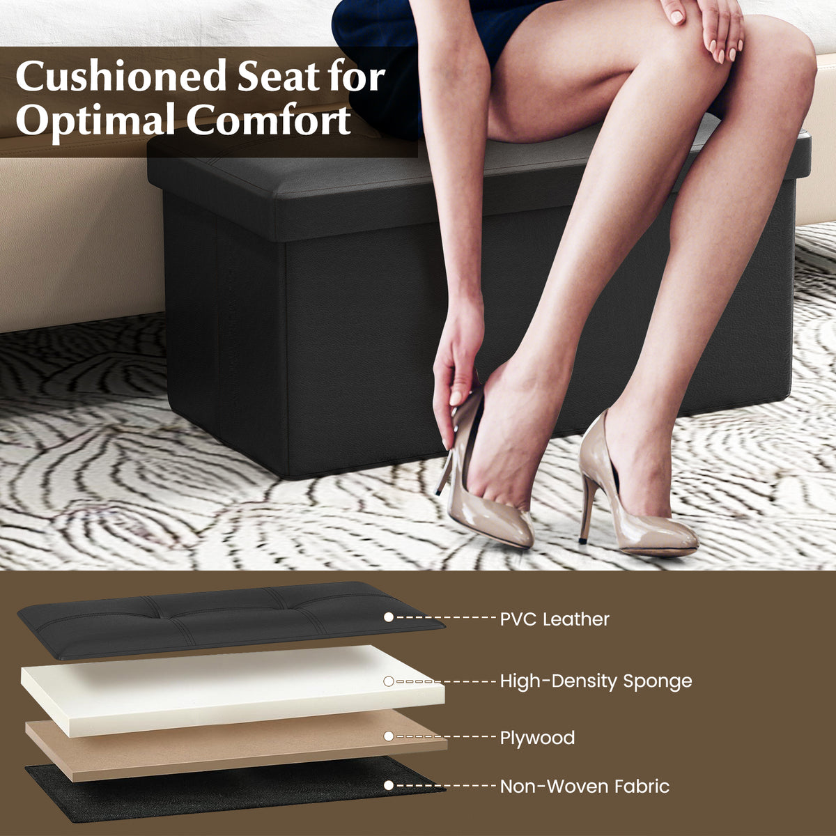 Upholstered Storage Footstool with PVC Leather, Rectangle Black