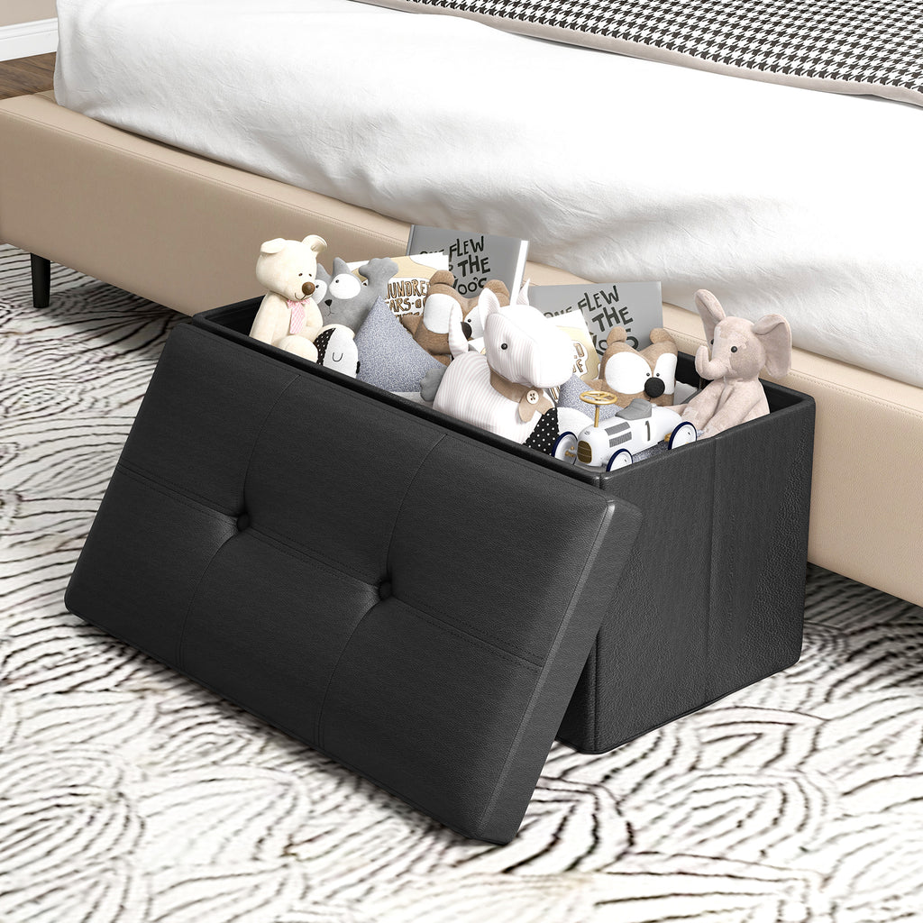 Upholstered Storage Footstool with PVC Leather, Rectangle Black