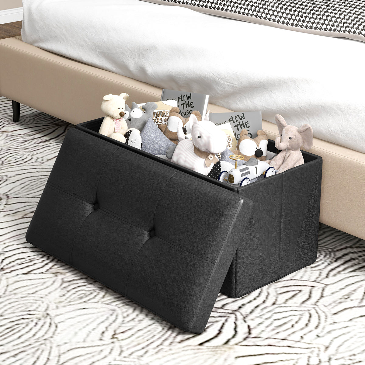 Upholstered Storage Footstool with PVC Leather, Rectangle Black