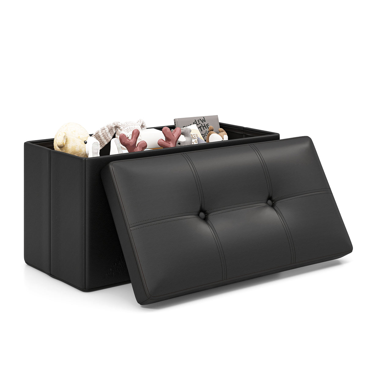 Upholstered Storage Footstool with PVC Leather, Rectangle Black