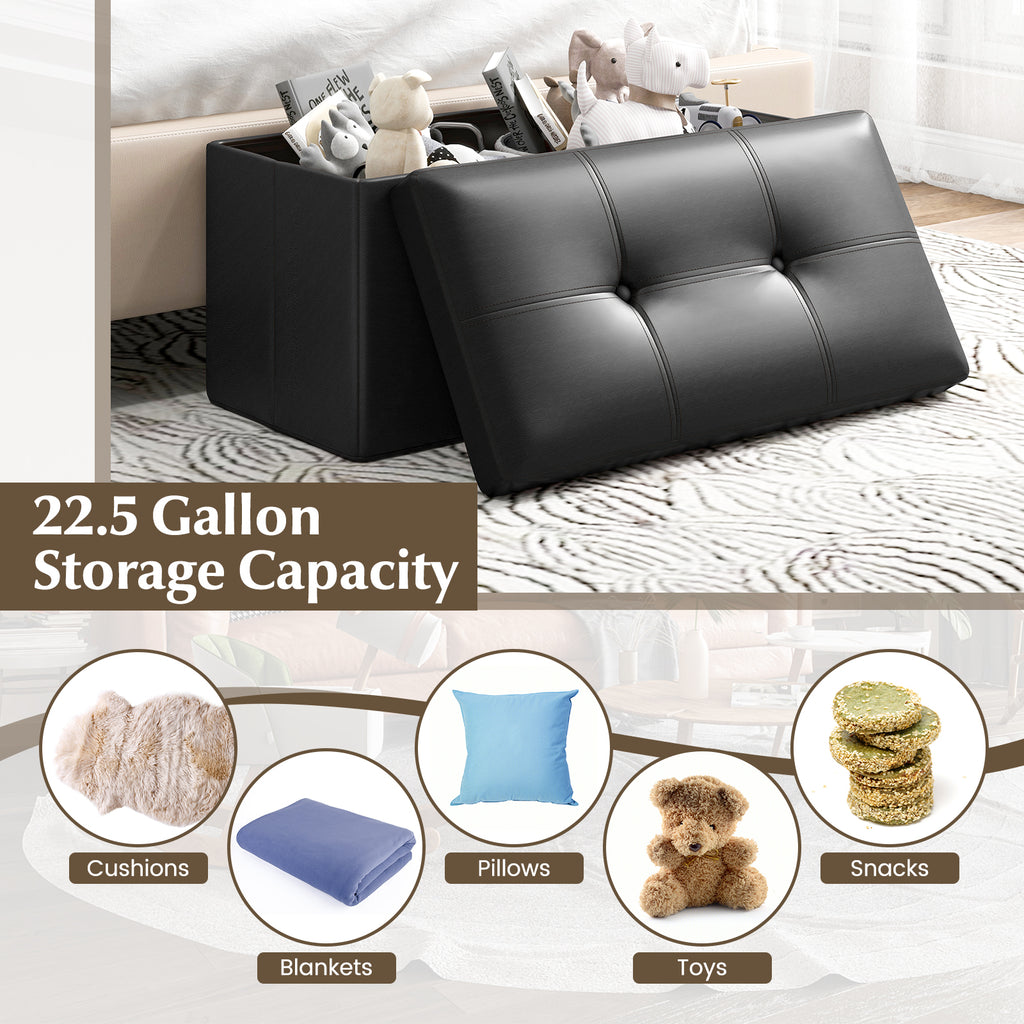 Upholstered Storage Footstool with PVC Leather, Rectangle Black