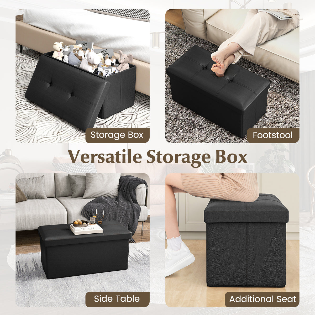 Upholstered Storage Footstool with PVC Leather, Rectangle Black