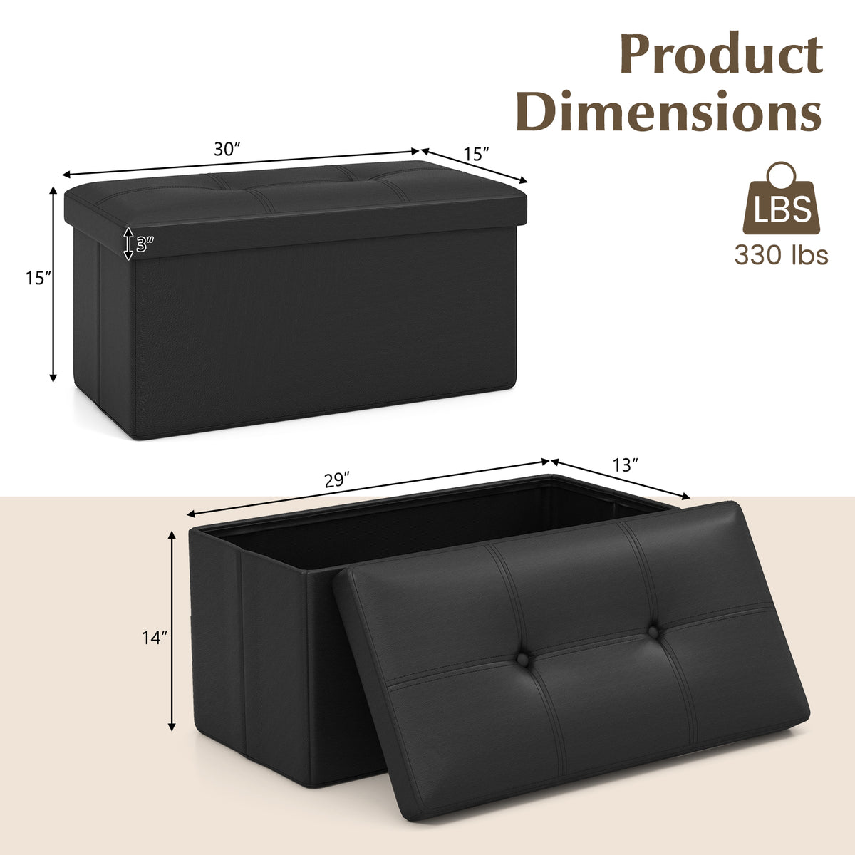 Upholstered Storage Footstool with PVC Leather, Rectangle Black