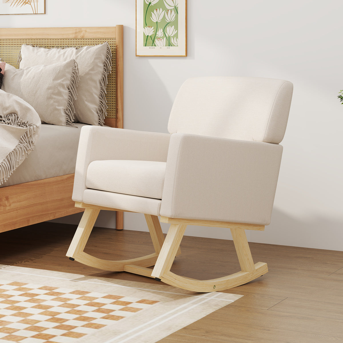 Upholstered Rocking Chair with Solid Wood Base - Beige