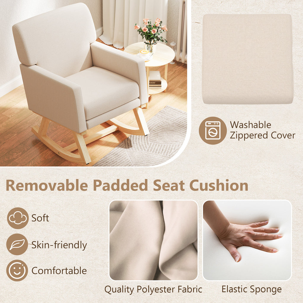 Upholstered Rocking Chair with Solid Wood Base - Beige