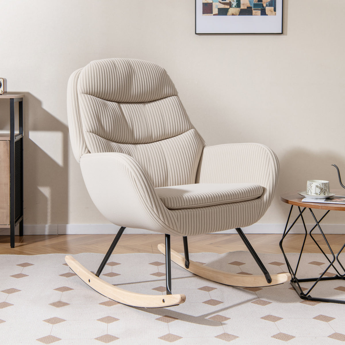 Upholstered Nursery Glider Rocker with Padded Seat – Beige