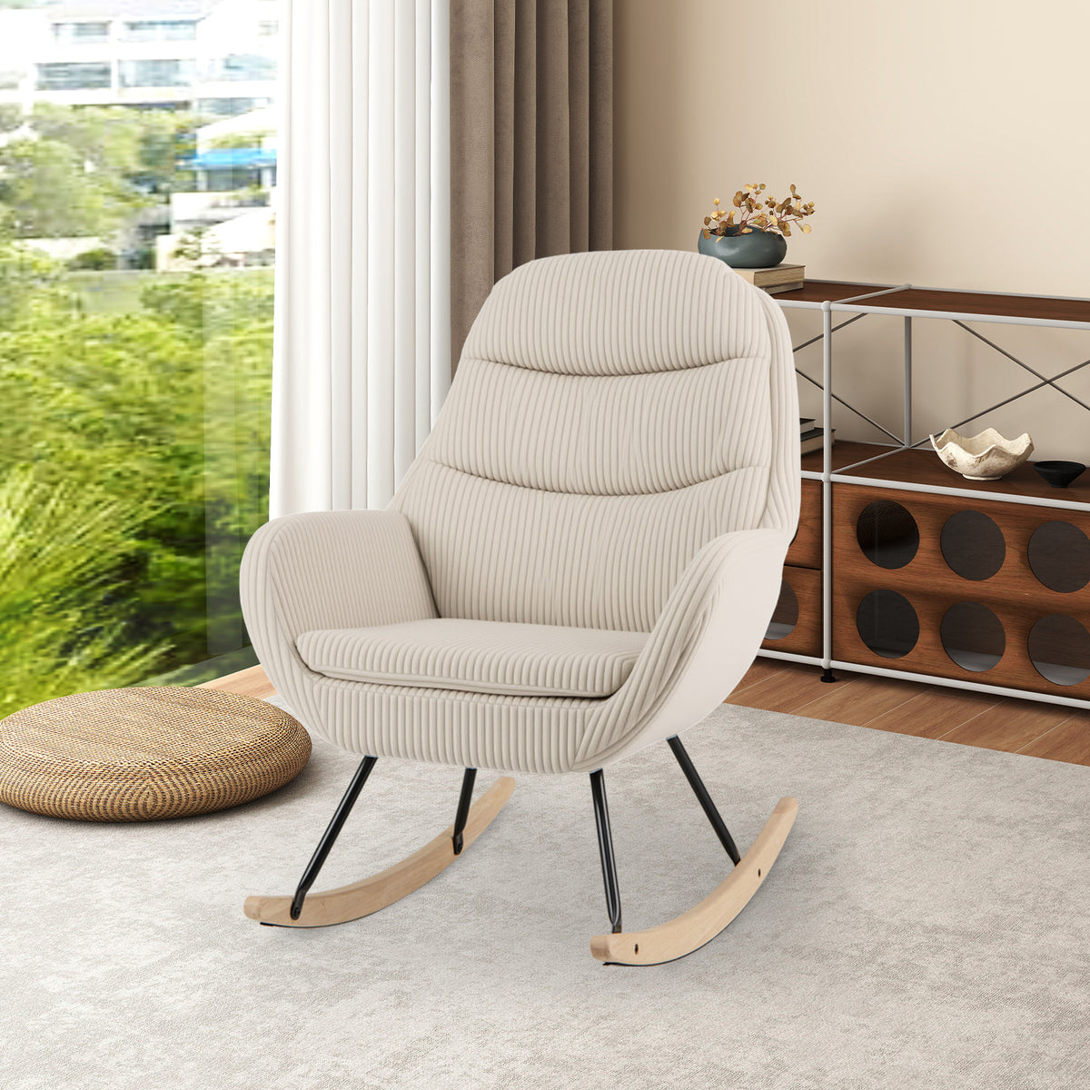 Upholstered Nursery Glider Rocker with Padded Seat – Beige