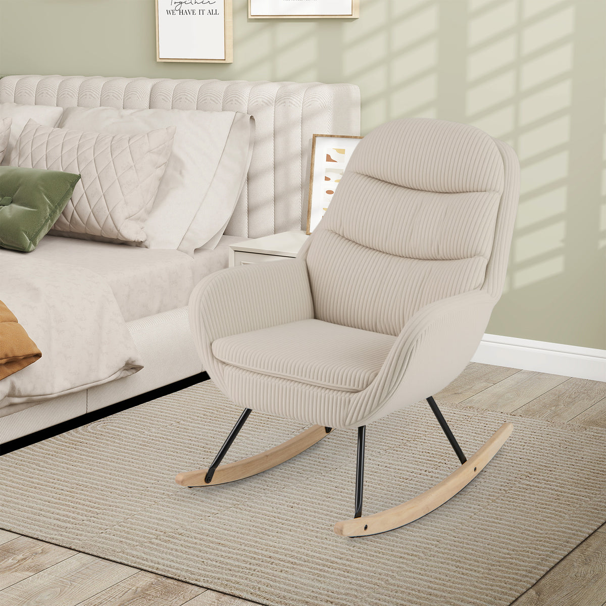 Upholstered Nursery Glider Rocker with Padded Seat – Beige
