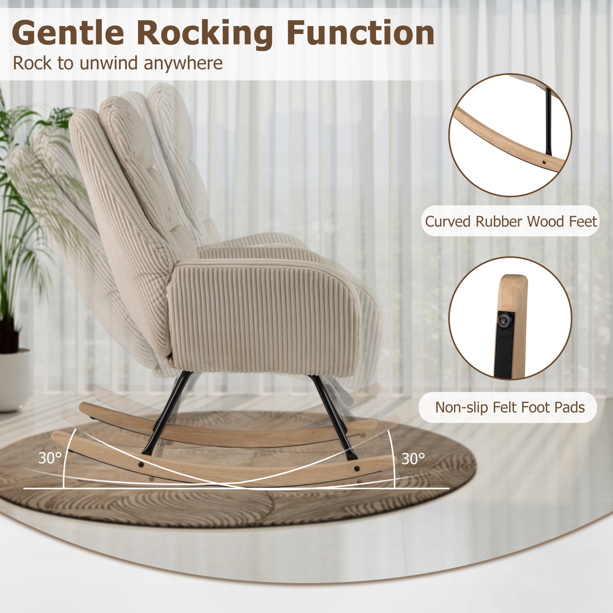 Upholstered Nursery Glider Rocker with Padded Seat – Beige