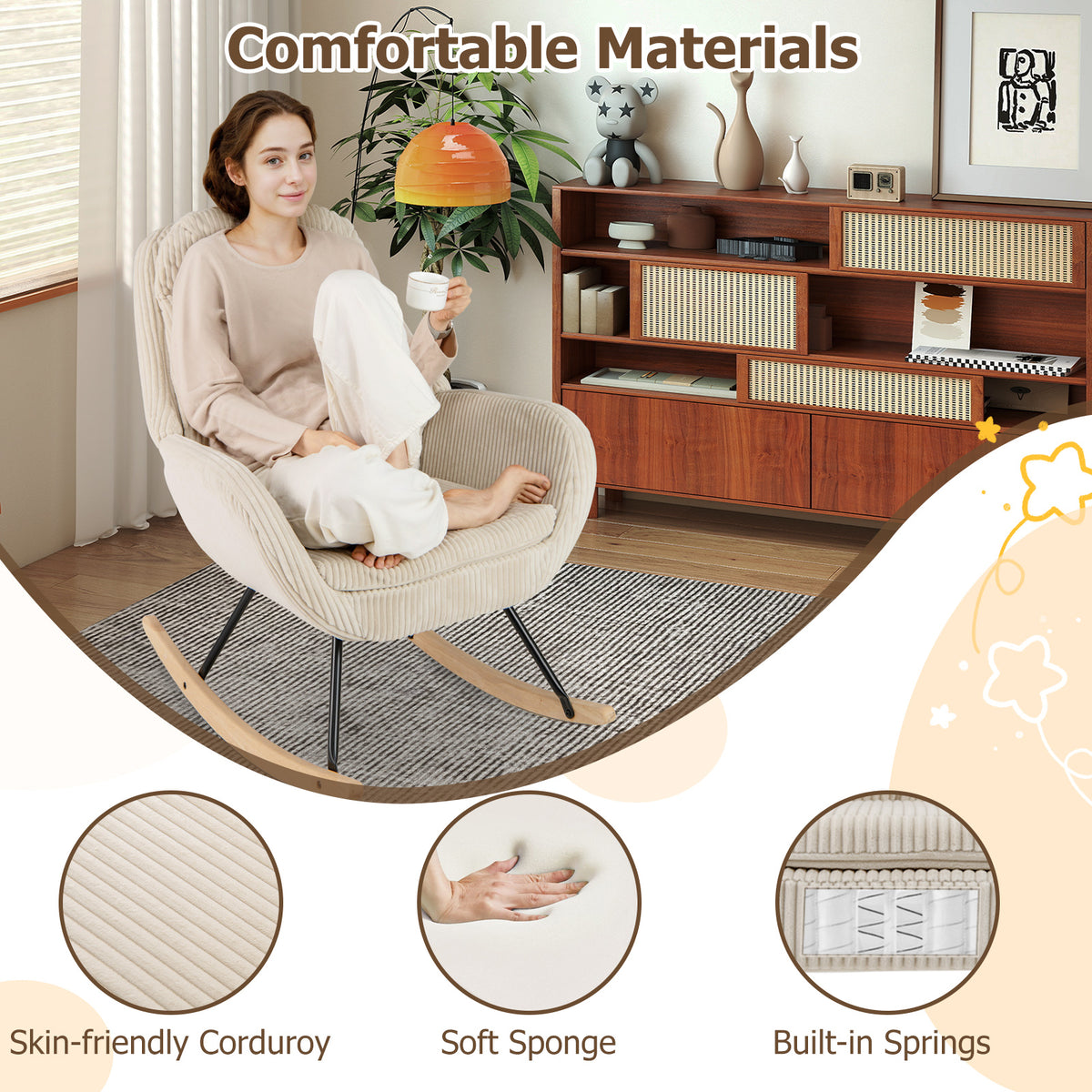 Upholstered Nursery Glider Rocker with Padded Seat – Beige