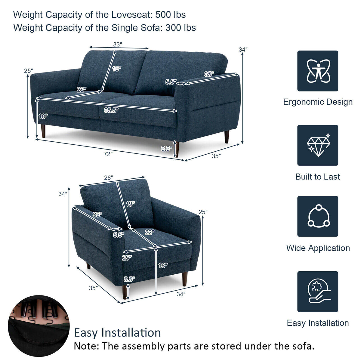 Modern Upholstered Sofa Couch Set with Removable Cushion Covers, Navy