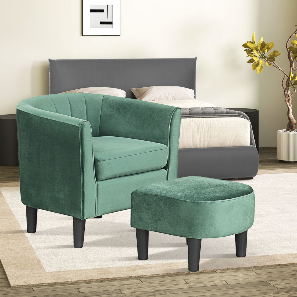 Velvet Club Barrel Chair with Ottoman Footrest - Green