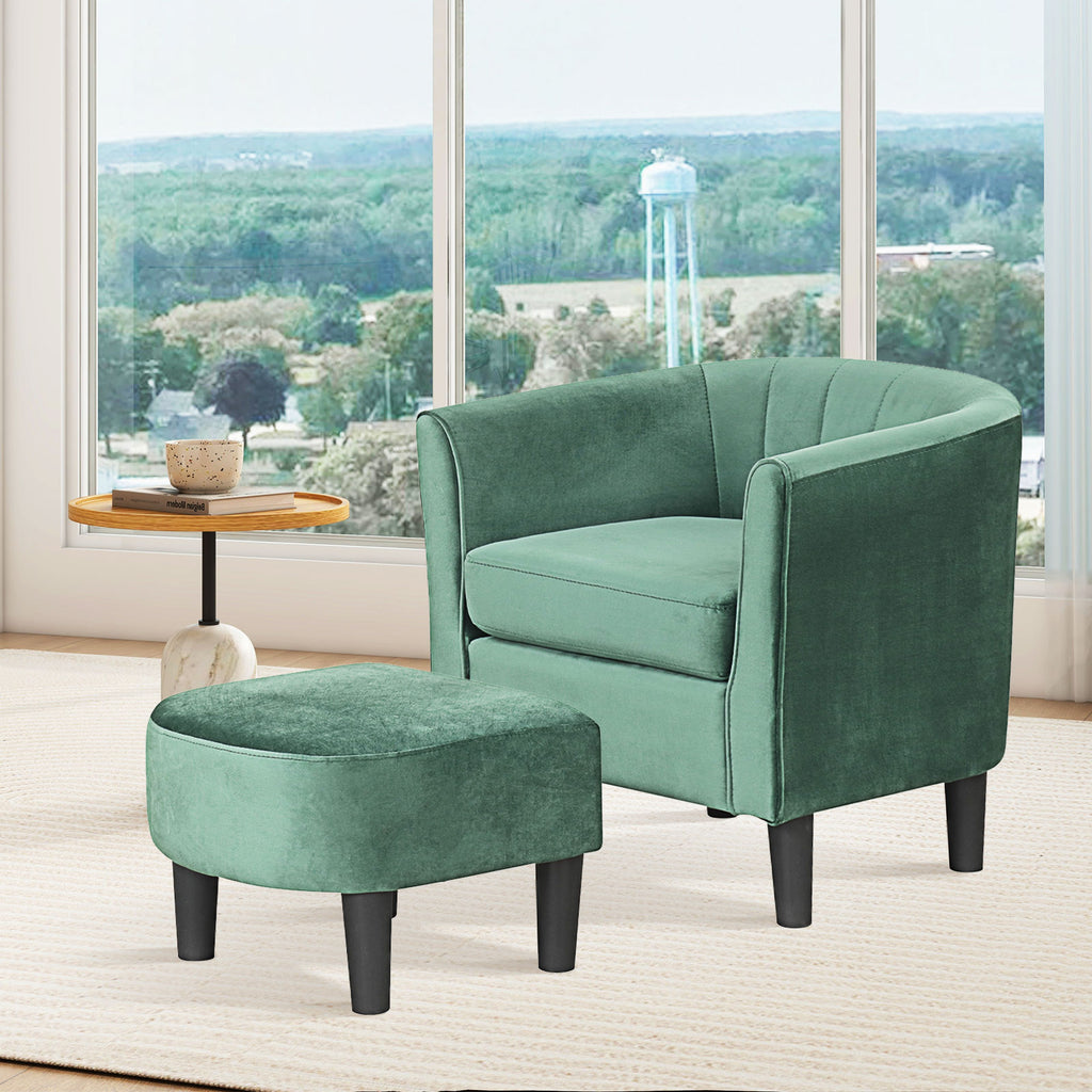 Velvet Club Barrel Chair with Ottoman Footrest - Green