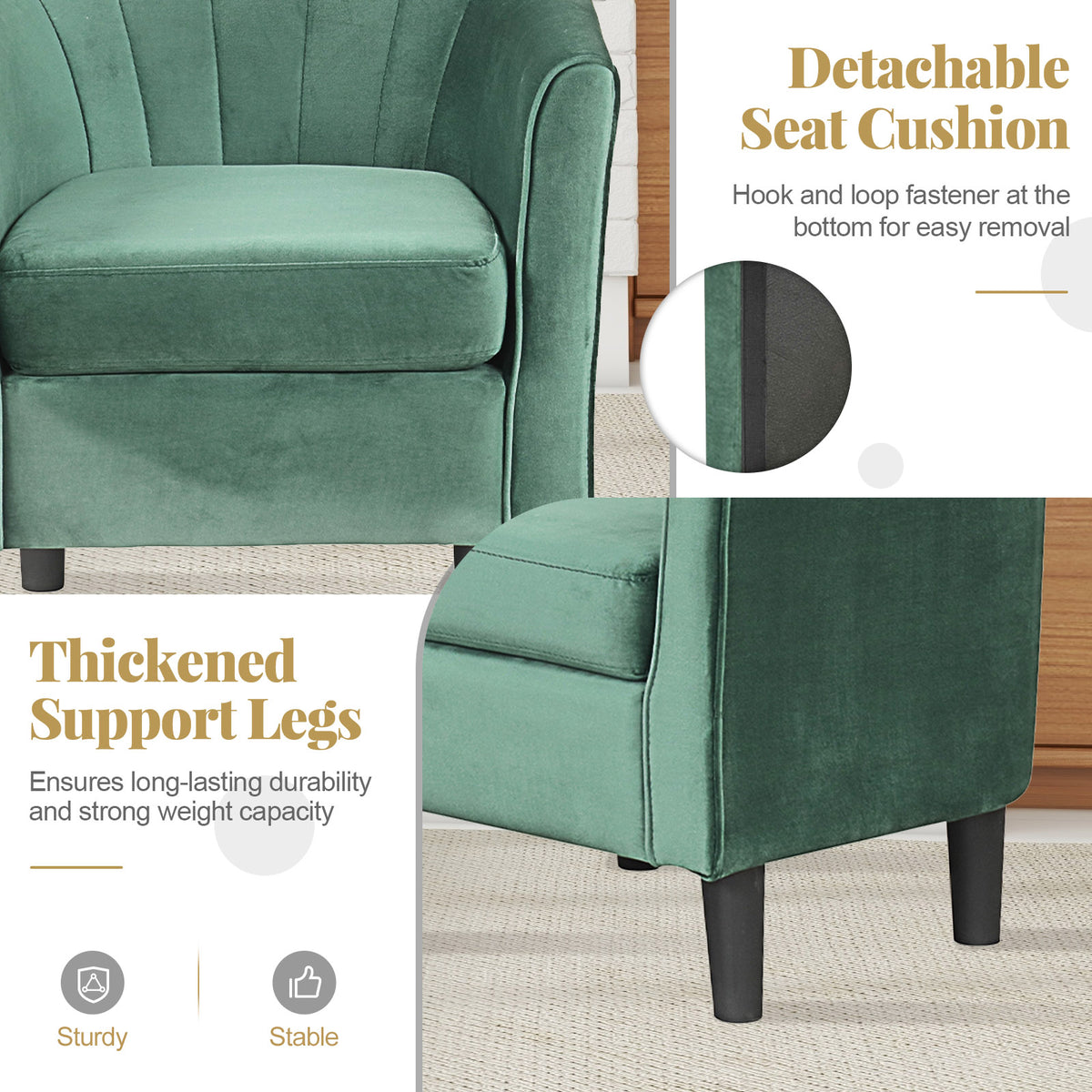 Velvet Club Barrel Chair with Ottoman Footrest - Green