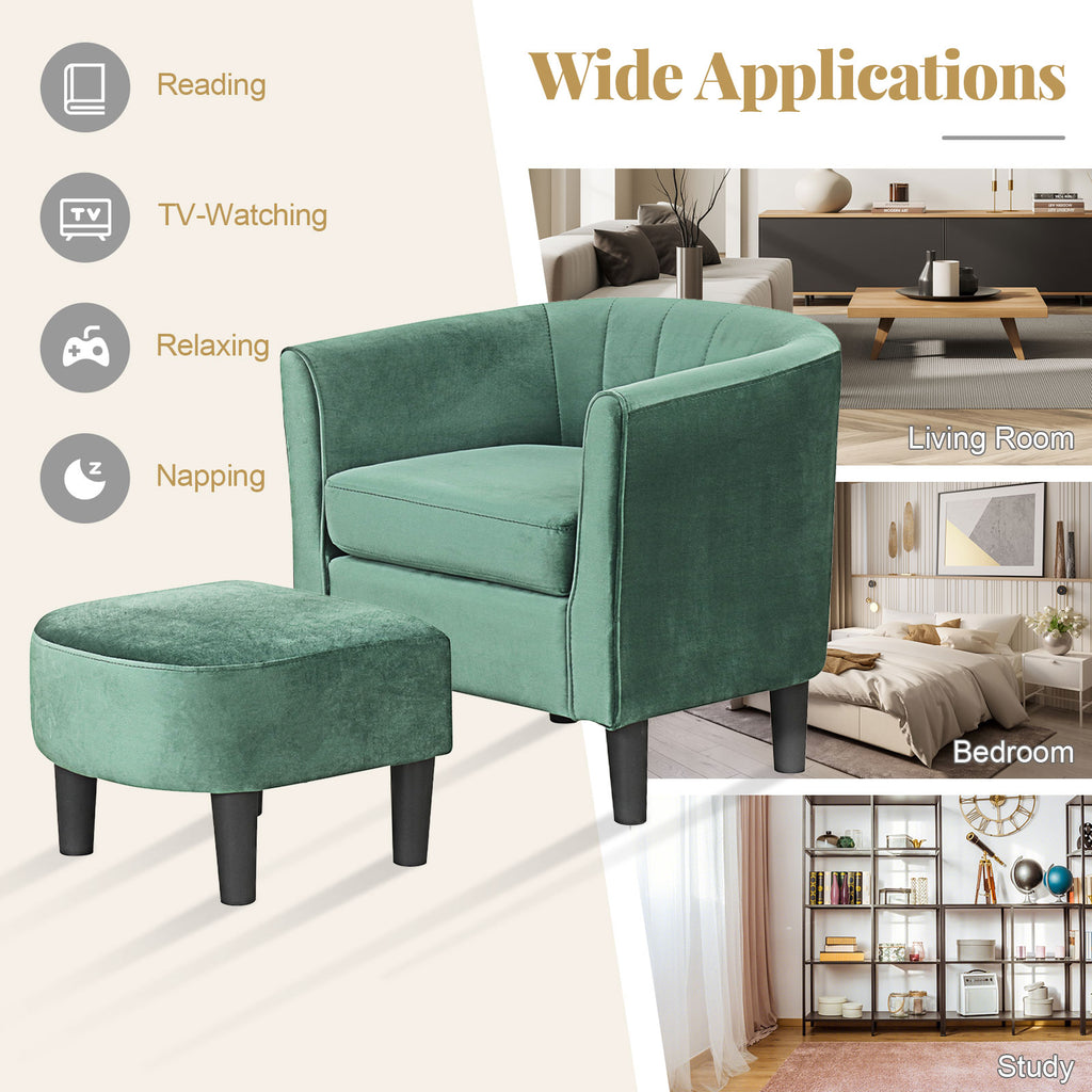 Velvet Club Barrel Chair with Ottoman Footrest - Green