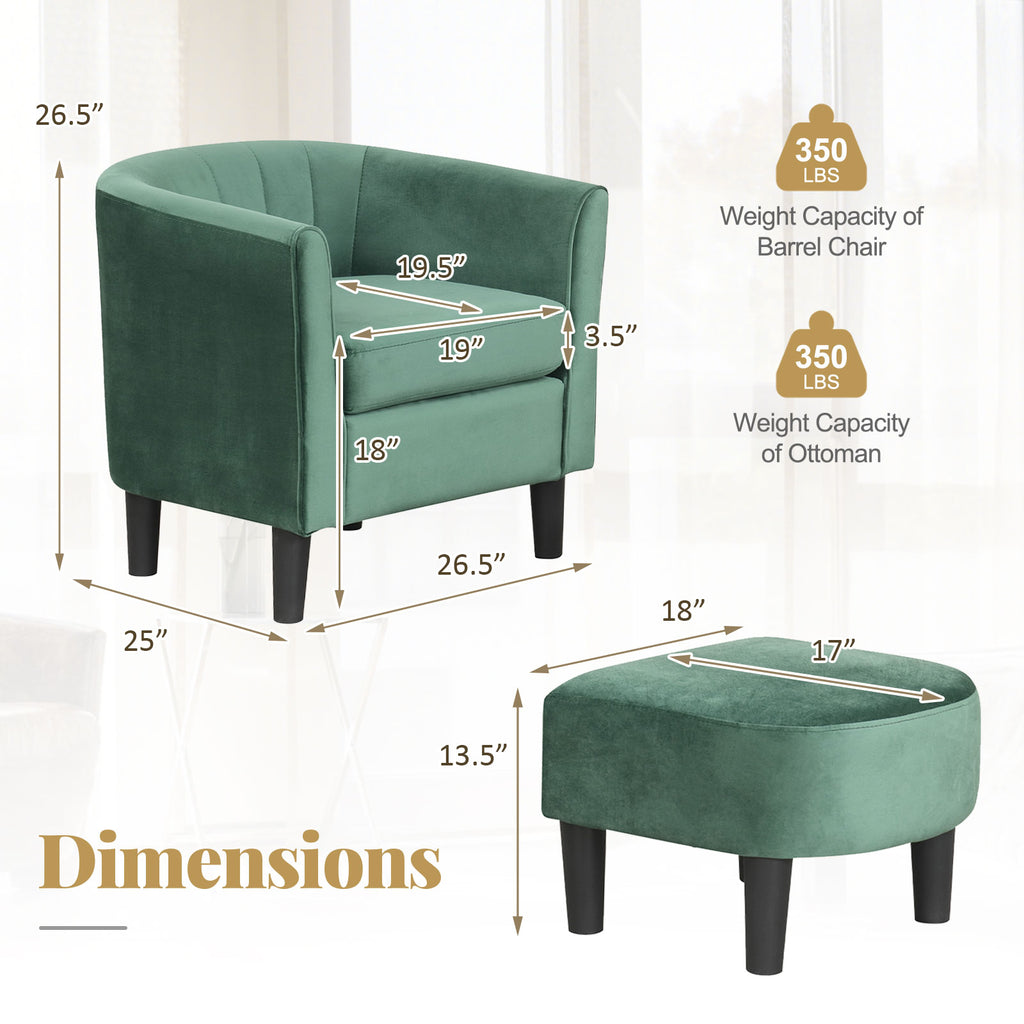 Velvet Club Barrel Chair with Ottoman Footrest - Green