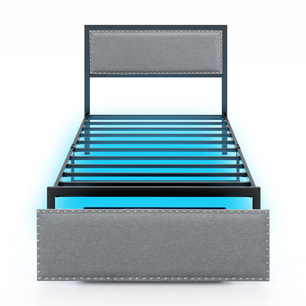 Twin Size Bed Frame with LED Lights, Drawers & Metal Slats
