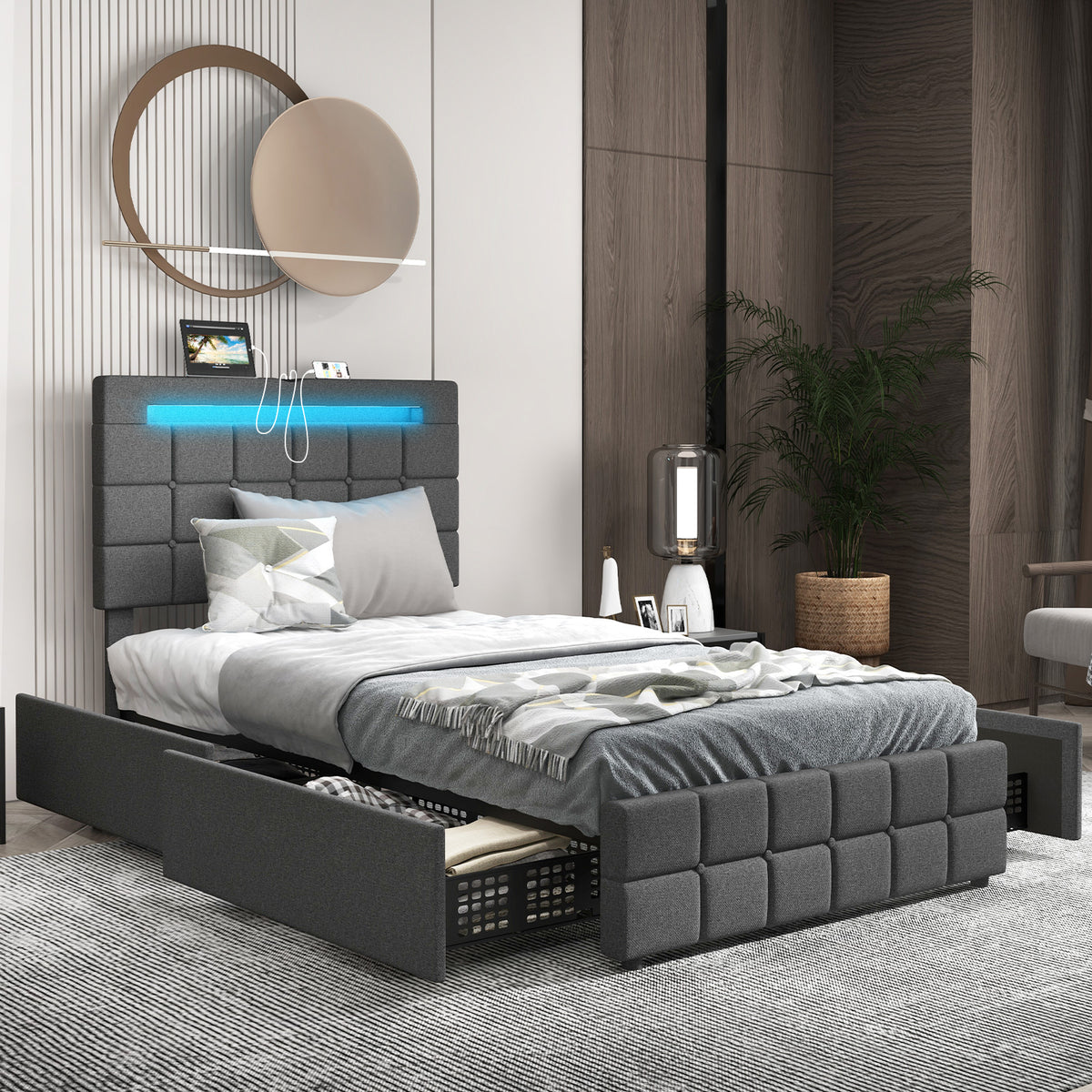 Twin Upholstered LED Bed Frame with Headboard & Drawers