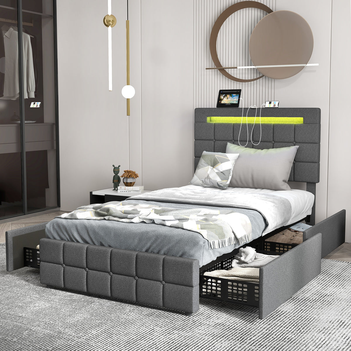 Twin Upholstered LED Bed Frame with Headboard & Drawers