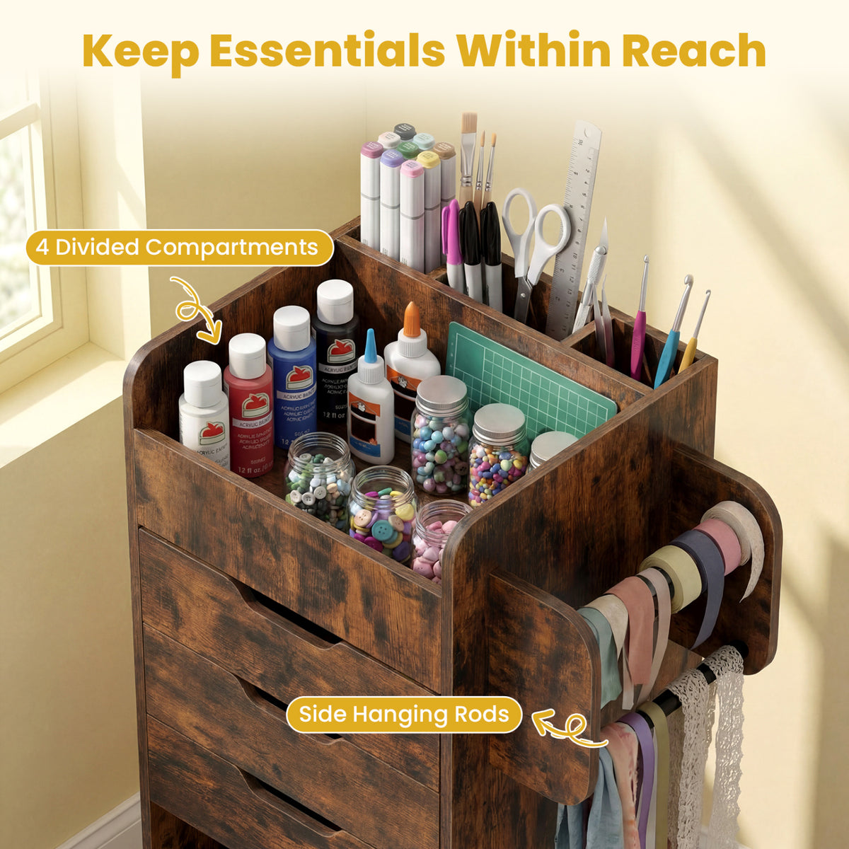 Wrapping Paper Storage Cart with 3 Drawers – Rustic Brown