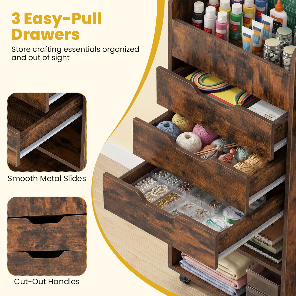 Wrapping Paper Storage Cart with 3 Drawers – Rustic Brown