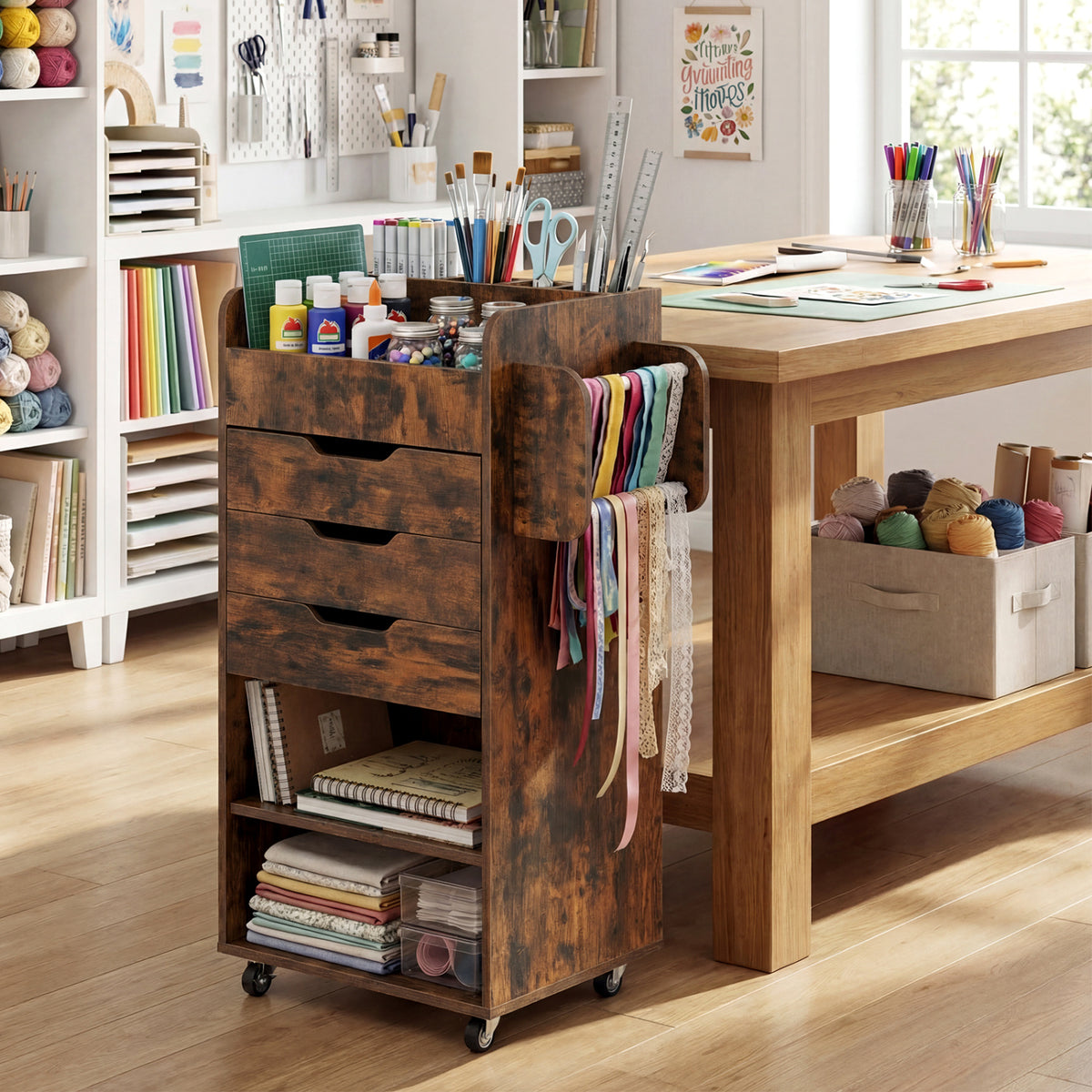Wrapping Paper Storage Cart with 3 Drawers and Lockable Casters