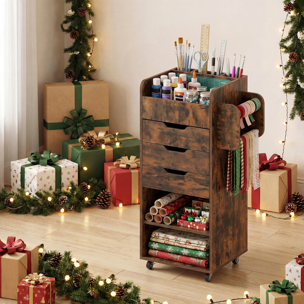 Wrapping Paper Storage Cart with 3 Drawers – Rustic Brown
