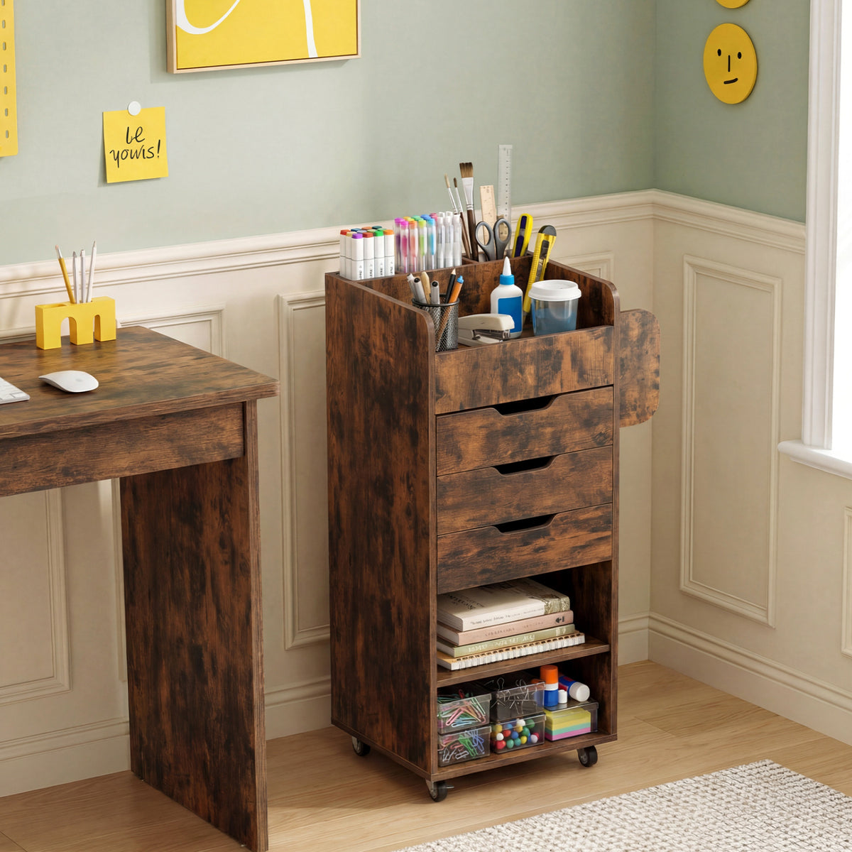 Wrapping Paper Storage Cart with 3 Drawers – Rustic Brown